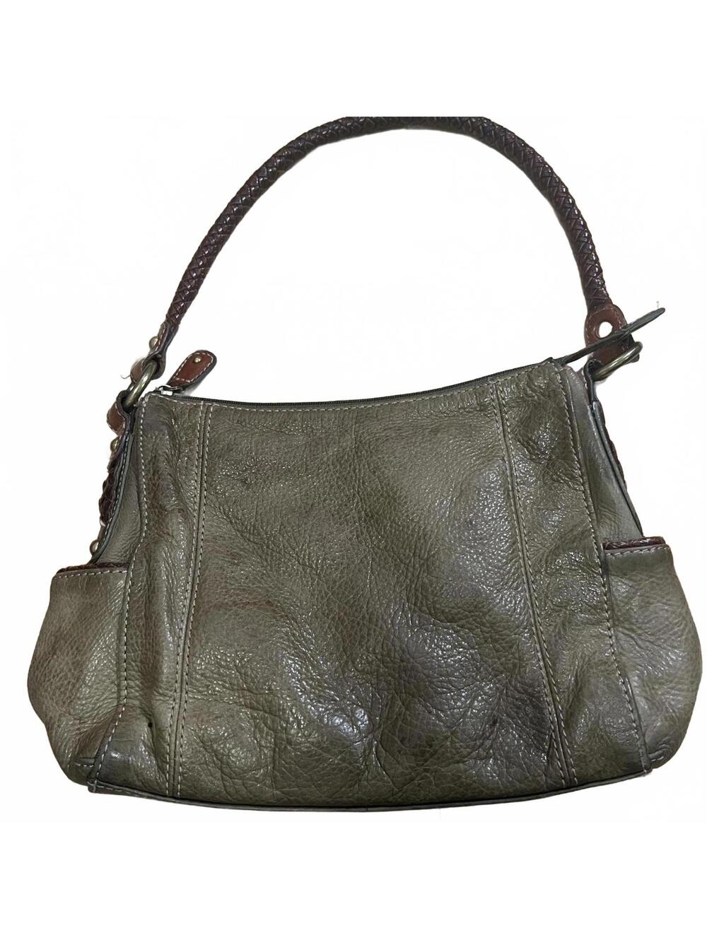 Vintage Braided Handle Fossil 75082 Olive Green Pebbled Leather Shoulder Bag
